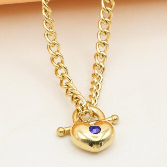 Heart Charm Gold Necklace with Blue Stone – Elegant Chain Style, XPNL0379 - Picture 1 of 13